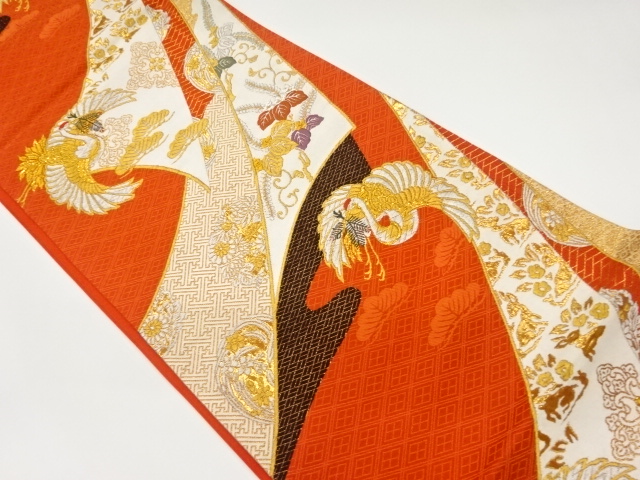 鬘帯に松・花々・鶴模様織出し袋帯